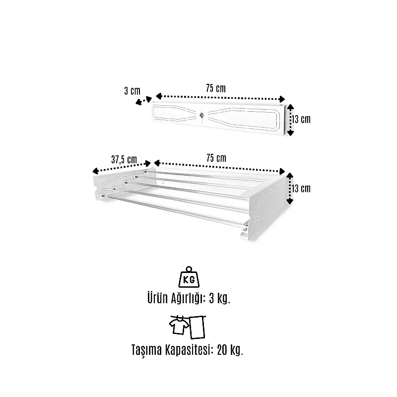 Uscator de rufe retractabil de perete, 75 cm, Indoor/ outdoor, Design decorativ, Economiseste spatiu, Metal si aluminiu, Max 15 kg rufe, Alb - Studiocasa.ro