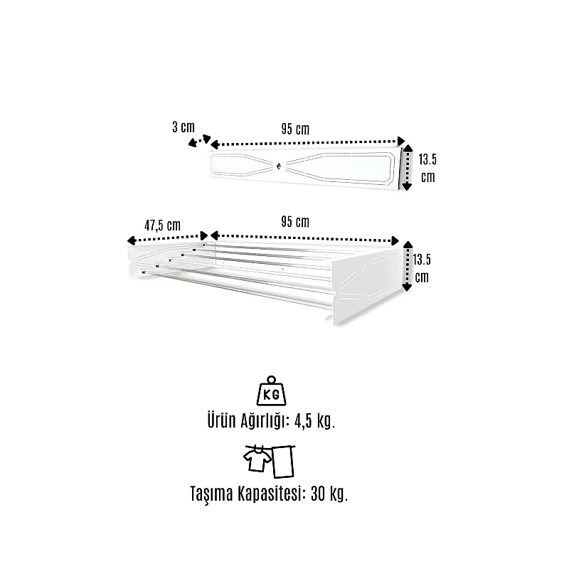 Uscator de rufe retractabil de perete, 95 cm, Indoor/ outdoor, Design decorativ, Economiseste spatiu, Metal si aluminiu, Max 20 kg rufe, Negru - Studiocasa.ro