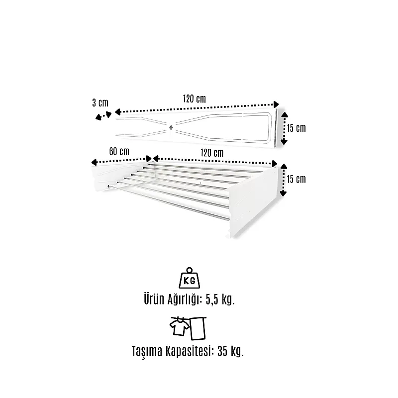 Uscator de rufe retractabil de perete, 120 cm, Indoor/ outdoor, Design decorativ, Economiseste spatiu, Metal si aluminiu, Max 25 kg rufe, Alb - Studiocasa.ro