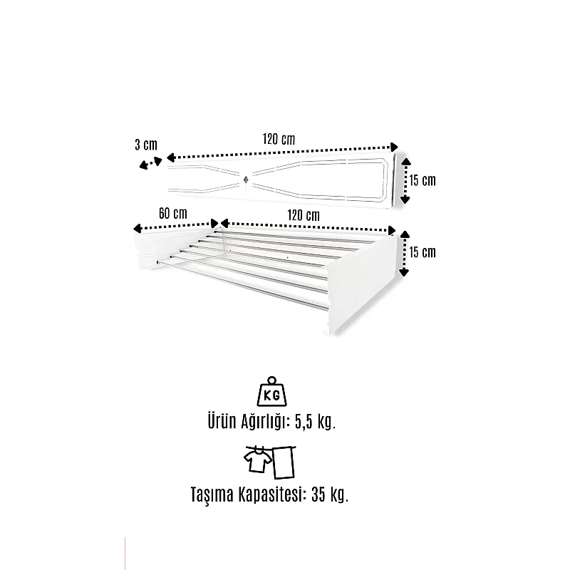 Uscator de rufe retractabil de perete, 120 cm, Indoor/ outdoor, Design decorativ, Economiseste spatiu, Metal si aluminiu, Max 25 kg rufe,Negru - Studiocasa.ro