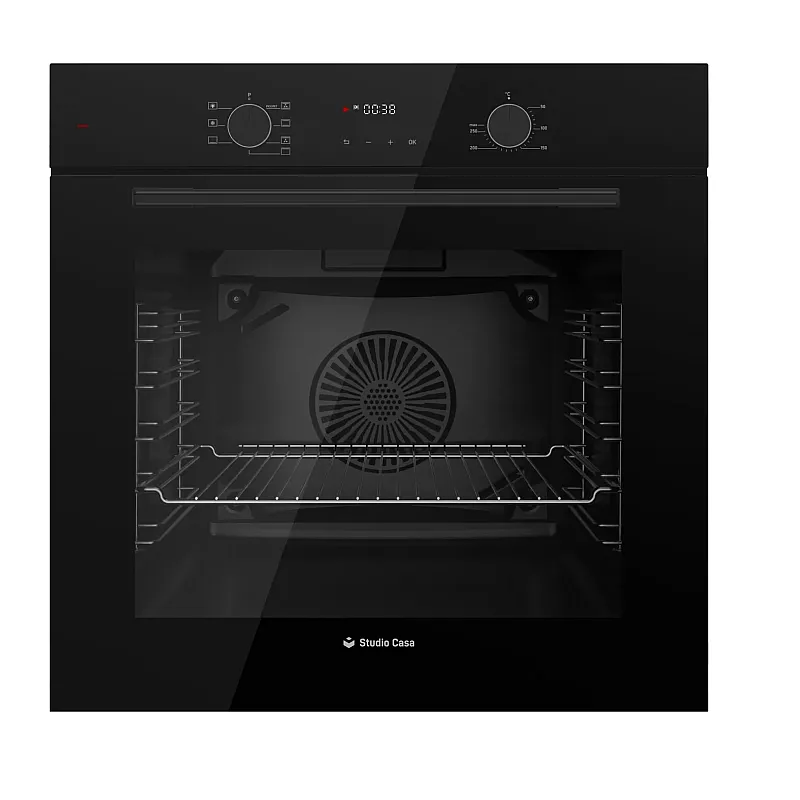 Pachet incorporabil Studio Casa Tele Rialto, Cuptor electric sticla neagra, Plita gaz neagra si hota telescopica neagra, 78 l, 7 functii, Ventilator, Autocuratare catalitica, Clasa energetica A, Sticla neagra - Studiocasa.ro