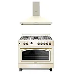 Pachet Aragaz Studio Casa, FE90/60 El Avena Rustic, 90 cm, Cuptor electric, 4 arzatoare gaz, din care unul Wok + Hota decorativa cu design rustic Tosca Turbo 90 cm - Studiocasa.ro