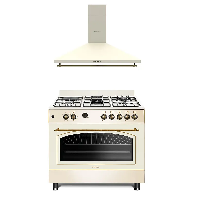 Pachet Aragaz Studio Casa, FE90/60 El Avena Rustic, 90 cm, Cuptor electric, 4 arzatoare gaz, din care unul Wok + Hota decorativa cu design rustic Tosca Turbo 90 cm - Studiocasa.ro