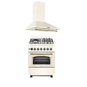 Pachet aragaz rustic mixt Studio Casa MULTIF. PLUS FE60/603G+1EL si hota decorativa, cuptor electric multifunctional cu ventilatie, 3 arzatoare gaz + 1 ochi electric, Crem