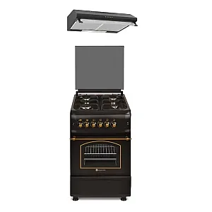 Pachet aragaz rustic si hota Studio Casa Verona Antico Nero, 50/ 55 cm, 4 arzatoare gaz, Cuptor gaz, Aprindere electrica, Gril electric, Negru