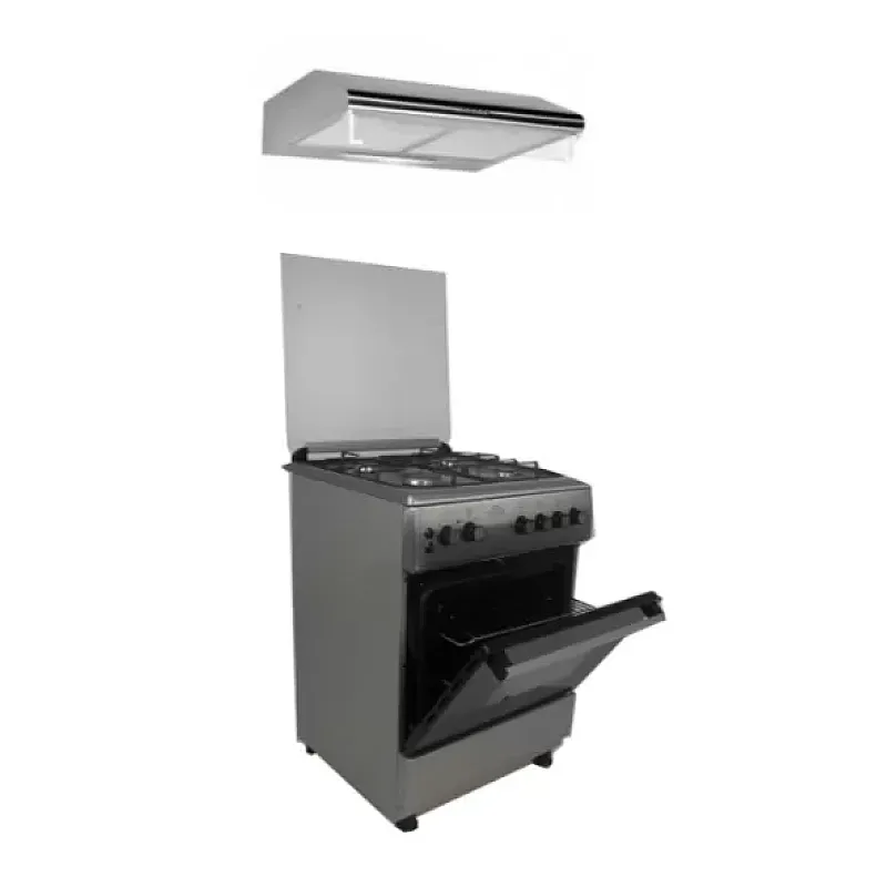 Pachet aragaz si hota clasica cuptor gaz, 4 arzatoare gaz, grill electric, rotisor, timer, termostat, Inox - Studiocasa.ro
