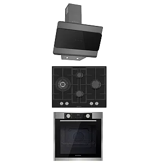 Pachet incorporabil Studio Casa Lean Bellagio, Cuptor electric, Plita gaz sticla neagra 70 cm si Hota decorativa sticla neagra, 10 functii, 81 l, Grill, Rotisor, Ventilator, Display Touch, Sticla neagra / Inox