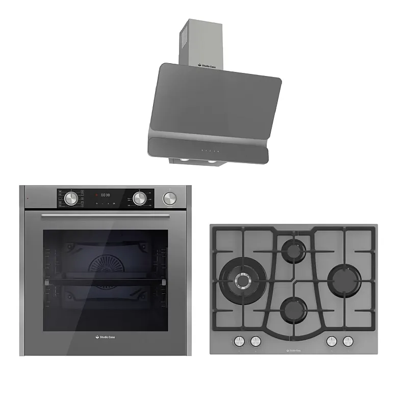 Pachet incorporabil Studio Casa Plane Elegance Aqua Cooking, Cuptor electric sticla gri, Plita gaz 70 cm sticla gri, Hota decorativa sticla gri, 10 functii, Grill, Rotisor, Coacere asistata cu abur, Sticla gri / Inox - Studiocasa.ro