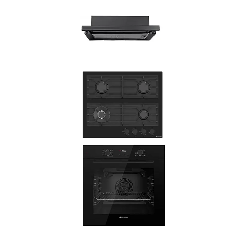 Pachet incorporabil Studio Casa Tele Rialto, Cuptor electric sticla neagra, Plita gaz neagra si hota telescopica neagra, 78 l, 7 functii, Ventilator, Autocuratare catalitica, Clasa energetica A, Sticla neagra - Studiocasa.ro