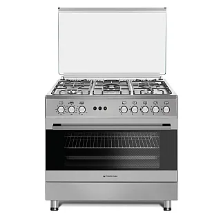 Aragaz gaz  90 cm Prato Inox Studio Casa, 5 zone de gatit, Gaz, Wok, Cuptor gaz,  Rotisor, Timer mecanic, Grill electric, Gratar fonta,  Aprindere electrica, Clasa energetica A, Inox, dubla ventilatie coacere