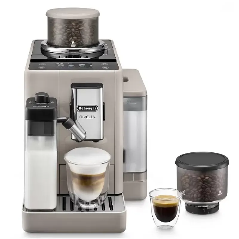 Espressor automat DeLonghi Rivelia EXAM 440.55.BG, 2 recipiente pentru boabe, Tehnologie Bean Adapt, carafa cu tehnologie LatteCrema Hot, 1450W, 19 bar, 1.4 l, Bej - Studiocasa.ro