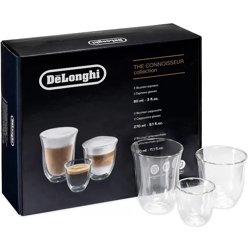 Set 2 pahare Espresso 90 ml, 2 pahare Cappuccino 270 ml si 2 pahare Latte Macchiato 330 ml, cu pereti dubli, DeLonghi DLSC302, Colectia Connoisseur - Studiocasa.ro