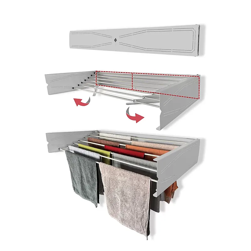 Uscator de rufe retractabil de perete, 120 cm, Indoor/ outdoor, Design decorativ, Economiseste spatiu, Metal si aluminiu, Max 25 kg rufe, Alb - Studiocasa.ro
