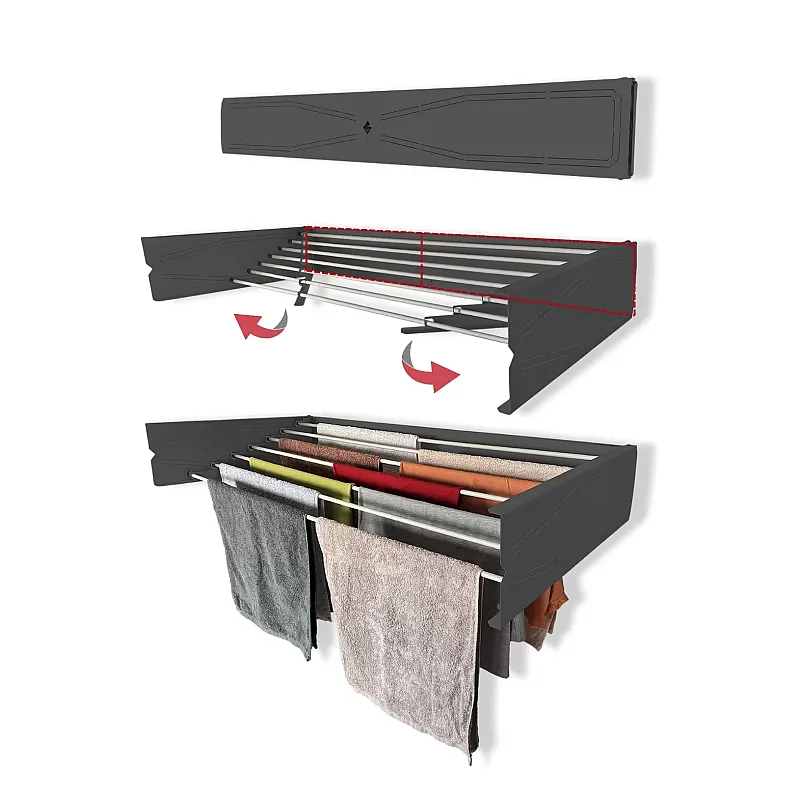 Uscator de rufe retractabil de perete, 120 cm, Indoor/ outdoor, Design decorativ, Economiseste spatiu, Metal si aluminiu, Max 25 kg rufe,Negru - Studiocasa.ro