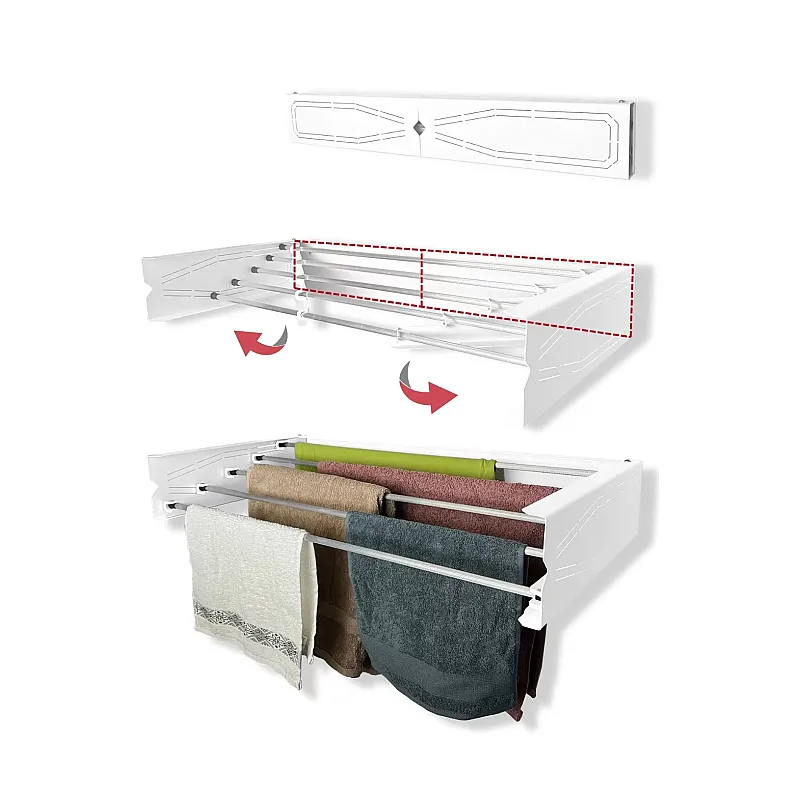 Uscator de rufe retractabil de perete, 75 cm, Indoor/ outdoor, Design decorativ, Economiseste spatiu, Metal si aluminiu, Max 15 kg rufe, Alb - Studiocasa.ro