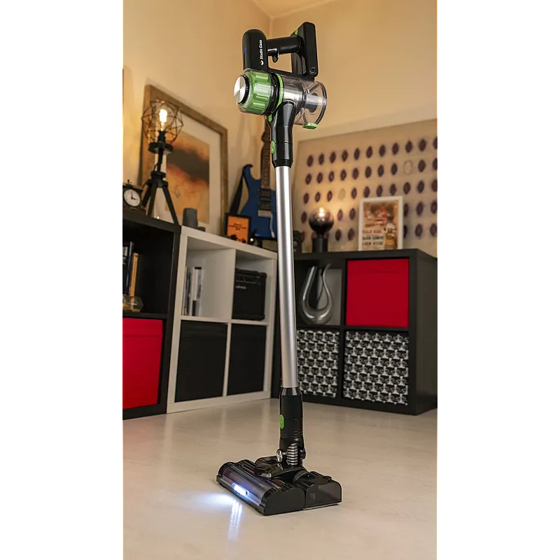 Aspirator vertical 2 in 1 fara fir Tehno Easy Clean Studio Casa, Cu functie mop, Tehnologie Cyclon, 250 W, 3 viteze, Autonomie 40 minute, Acumulator LI-ION detasabil, Perie cu lumina Led, Negru, I Verde - Studiocasa.ro