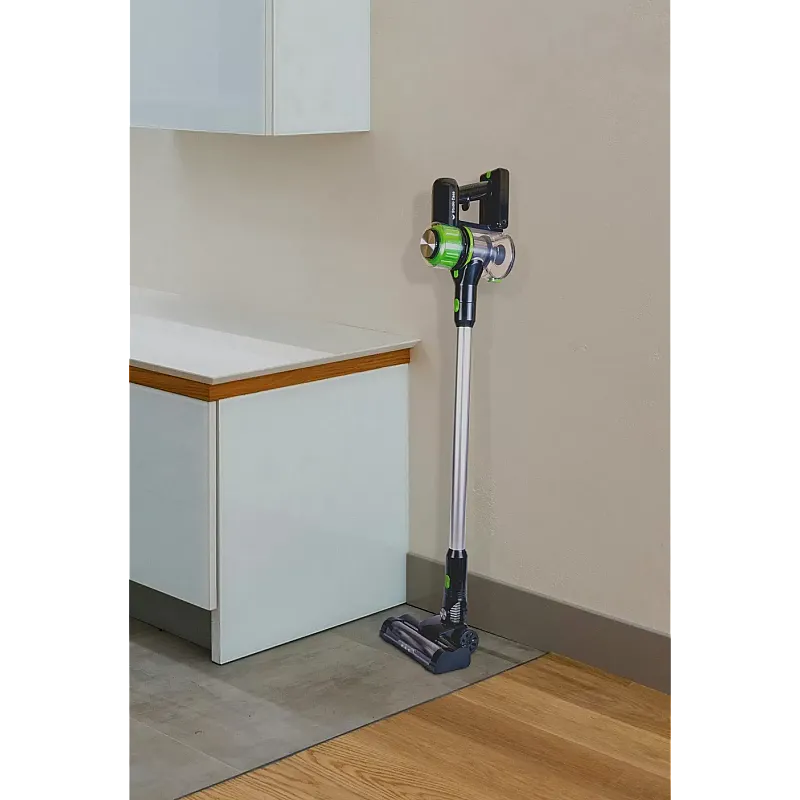 Aspirator vertical 2 in 1 fara fir Tehno Easy Clean Studio Casa, Cu functie mop, Tehnologie Cyclon, 250 W, 3 viteze, Autonomie 40 minute, Acumulator LI-ION detasabil, Perie cu lumina Led, Negru, I Verde - Studiocasa.ro