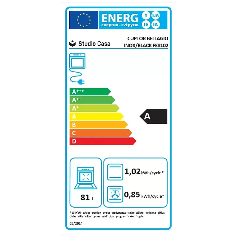 Cuptor electric incorporabil Studio Casa Bellagio  FE8102 , 10 functii, 81 l,  Grill, Rotisor, Ventilator, Autocuratare catalitica, Display Touch Control, Clasa energetica A, Sticla neagra / Inox - Studiocasa.ro