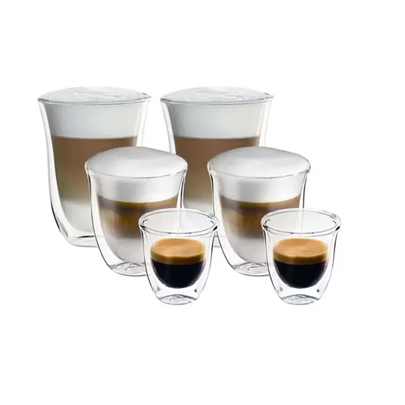 Set 2 pahare Espresso 90 ml, 2 pahare Cappuccino 270 ml si 2 pahare Latte Macchiato 330 ml, cu pereti dubli, DeLonghi DLSC302, Colectia Connoisseur - Studiocasa.ro