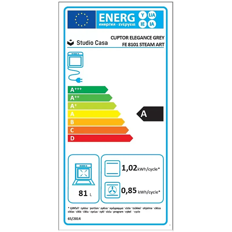 Cuptor electric incorporabil Studio Casa Elegance Aqua Cooking Art  Grey  FE810  10 functii, 81 l,  Grill, Rotisor, Ventilator, Autocuratare catalitica, Coacere asistata cu abur, Display Touch Control, Clasa energetica A, Sticla gri / Inox - Studiocasa.ro