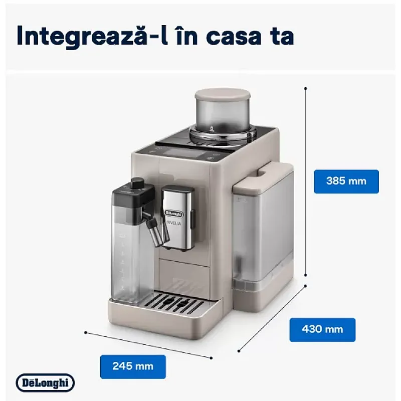 Espressor automat DeLonghi Rivelia EXAM 440.55.BG, 2 recipiente pentru boabe, Tehnologie Bean Adapt, carafa cu tehnologie LatteCrema Hot, 1450W, 19 bar, 1.4 l, Bej - Studiocasa.ro