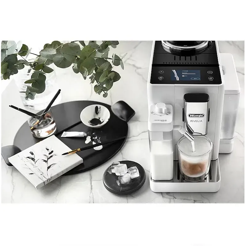 Espressor automat De’Longhi Rivelia EXAM440.55.W, 0132215473, 1450W, 18 tipuri de bauturi, 19 bari, 2 recipiente pentru boabe, Tehnologie Bean Adapt, Carafa de lapte cu tehnologie LatteCrema Hot, Alb - Studiocasa.ro