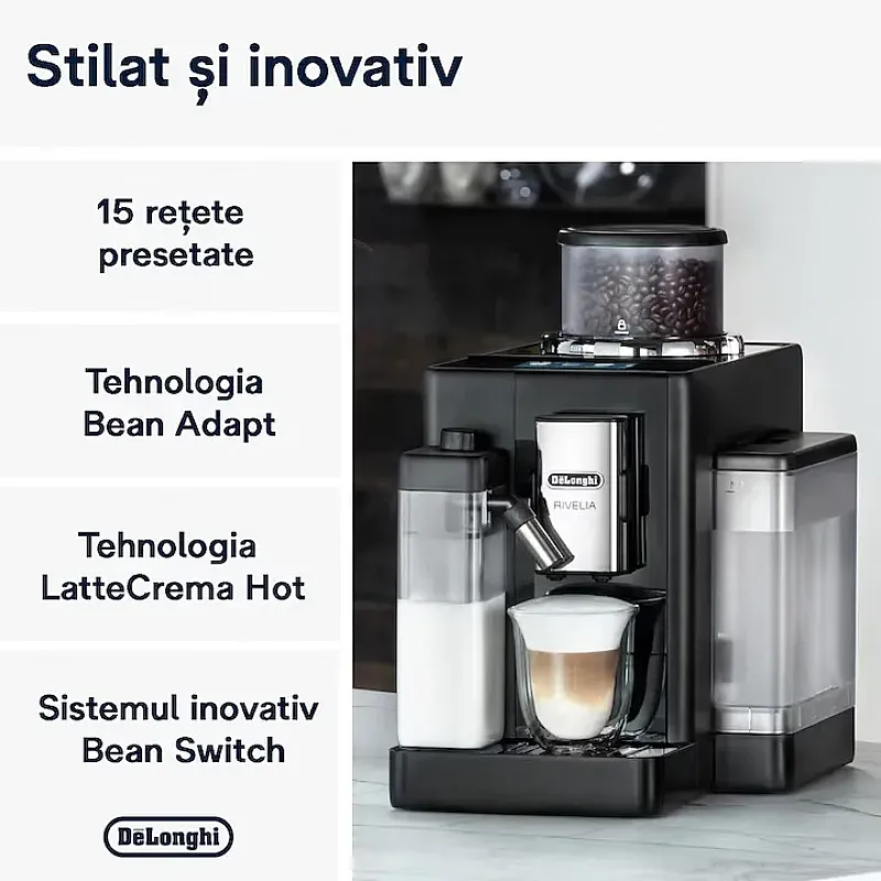 Espressor automat De’Longhi Rivelia EXAM440.55.B, 0132215472, 1450W, 18 tipuri de bauturi, 19 bari, 2 recipiente pentru boabe, Tehnologie Bean Adapt, Carafa de lapte cu tehnologie LatteCrema Hot, Negru - Studiocasa.ro