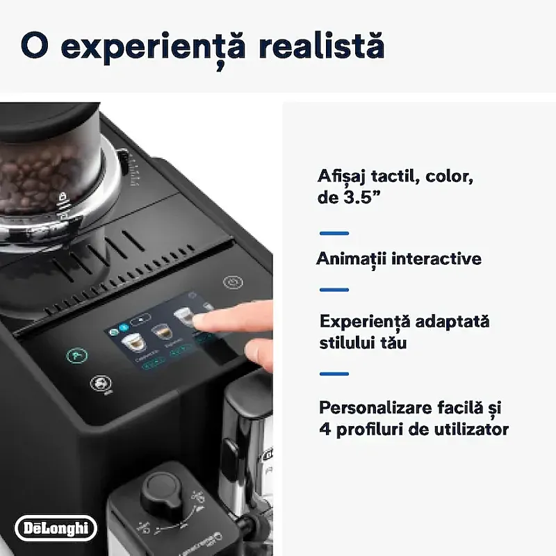 Espressor automat De’Longhi Rivelia EXAM440.55.B, 0132215472, 1450W, 18 tipuri de bauturi, 19 bari, 2 recipiente pentru boabe, Tehnologie Bean Adapt, Carafa de lapte cu tehnologie LatteCrema Hot, Negru - Studiocasa.ro