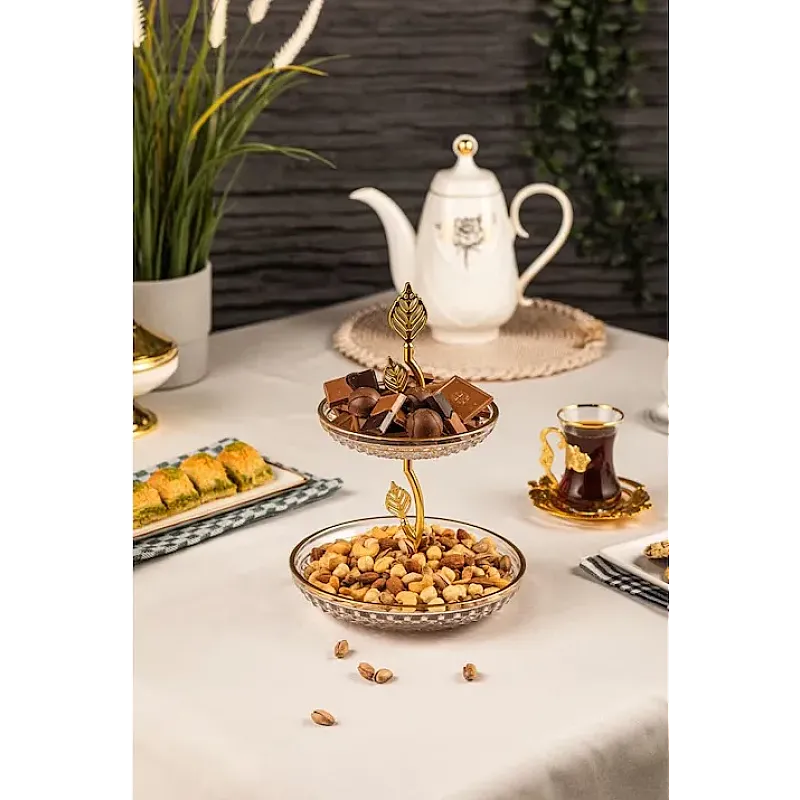 Platou rotund din sticla cu 2 nivele, Deco Art, Diametru 20 cm, Finisaje aurii - Studiocasa.ro