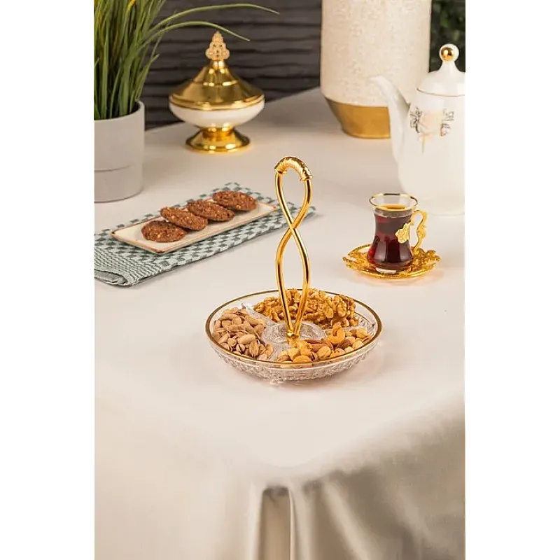 Platou rotund din sticla cu 3 compartimente, Deco Art, Diametru 20 cm, Maner rasucit, Finisaje aurii - Studiocasa.ro