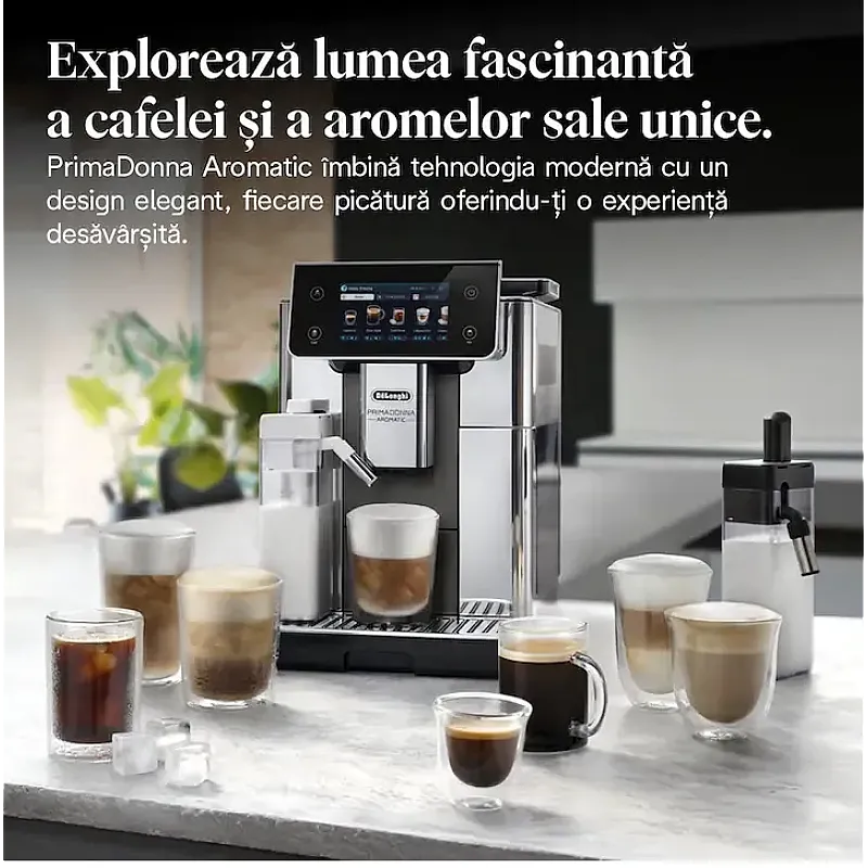 Espressor automat De'Longhi PrimaDonna Aromatic ECAM630.75.TSM, 1450 W, 35 tipuri de bauturi, 19 bari Tehnologie LatteCrema Hot & LatteCrema Cool, Metal titan - Studiocasa.ro