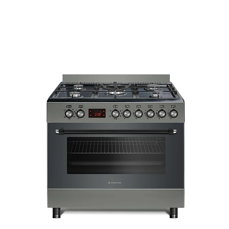 Aragaz gaz  90 cm Nando Graphite Grey Studio Casa, 5 zone de gatit, Gaz, Wok, Cuptor gaz,  Rotisor, Timer digital, Grill electric, Gratar fonta,  Aprindere electrica, Clasa energetica A, Gri - Studiocasa.ro