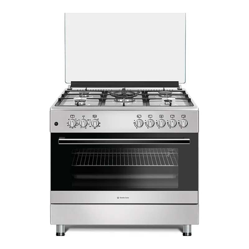 Aragaz mixt 5 arzatoare gaz, Cuptor electric, 90x60cm, Studio Casa, FE90/60 Multifunctional, Grill electric, Rotisor, 2 ventilatoare, Aprindere electrica, Inox - Studiocasa.ro