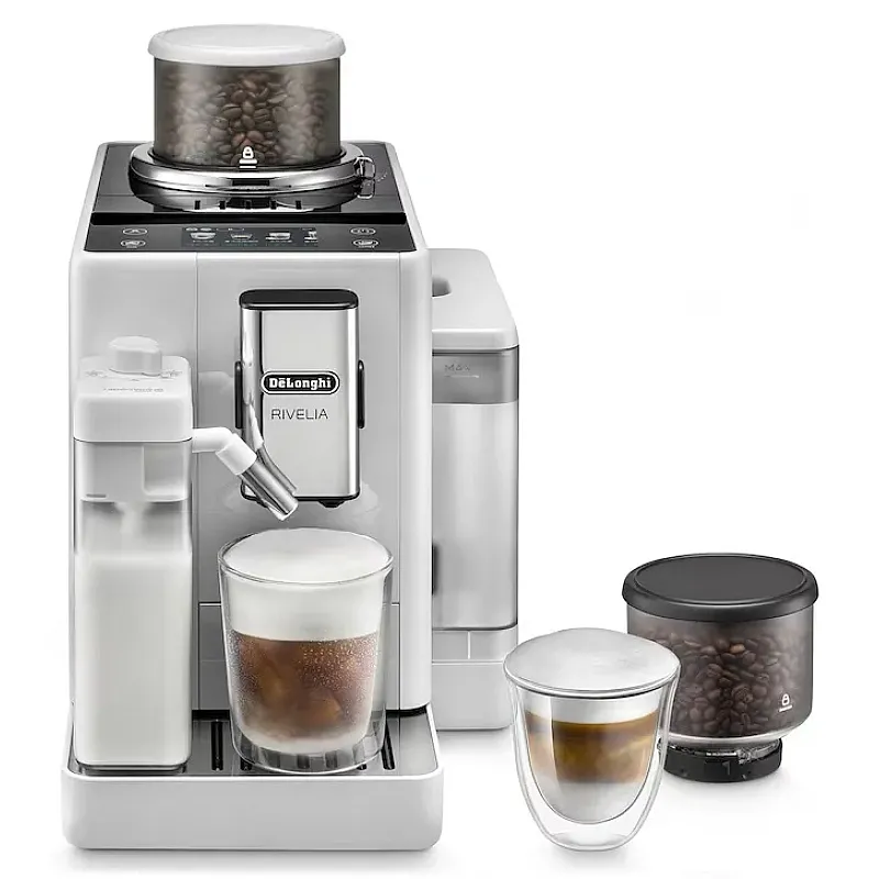 Espressor automat De’Longhi Rivelia EXAM440.55.W, 0132215473, 1450W, 18 tipuri de bauturi, 19 bari, 2 recipiente pentru boabe, Tehnologie Bean Adapt, Carafa de lapte cu tehnologie LatteCrema Hot, Alb - Studiocasa.ro