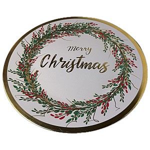 Farfurie decorativa alba 33 cm Merry Christmas, model merisoare si coroana de brad  suport masa
