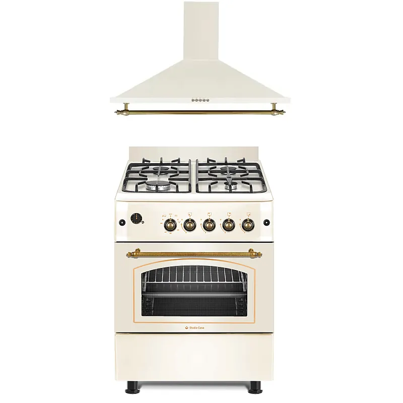 Pachet Aragaz Rustic Studio Casa Sienna Fe60/60G + Hota Onda Beige, Rotisor, Cuptor Pe Gaz, 4 Arzatoare Gaz, Grill Gaz, Ventilator, Gratare Fonta, 60 Cm, Culoare Crem - Studiocasa.ro