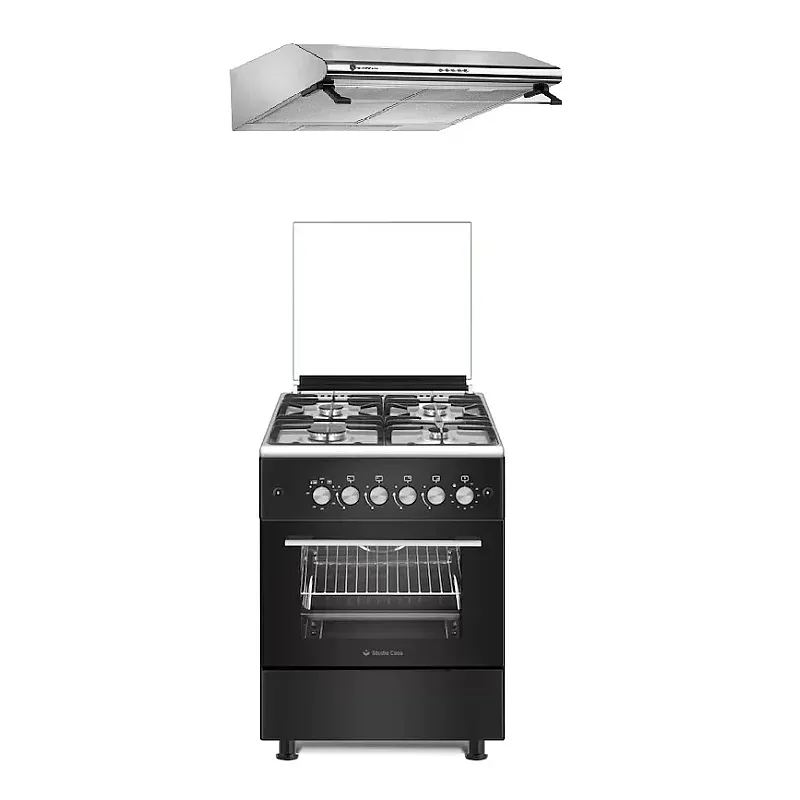 Pachet Aragaz clasic 4 arzatoare gaz Studio Casa Marco Cuptor gaz, 57 x 57 cm , Rotisor, Ventilator, Grill gaz, Aprindere electrica, Gratare fonta, Negru si Hota clasica Alfa Inox 60 cm, 2 motoare - Studiocasa.ro