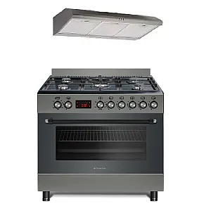 Pachet Aragaz gaz  90 cm Nando Graphite Grey Studio Casa, 5 zone de gatit, Gaz, Wok, Cuptor gaz,  Rotisor, Timer digital, Grill electric, Gratar fonta,  Aprindere electrica, Clasa energetica A, Gri + Hota ST2196 Inox Pachet Aragaz gaz  90 cm Nando Graphite Grey Studio Casa, 5 zone de gatit, Gaz, Wok, Cuptor gaz,  Rotisor, Timer digital, Grill electric, Gratar fonta,  Aprindere electrica, Clasa energetica A, Gri + Hota ST2196 Inox