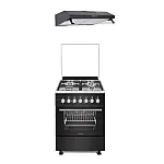 Pachet Aragaz mixt Studio Casa Bruno FE57/57 cm si Hota clasica, Cuptor electric, 4 arzatoare gaz, Rotisor, Ventilator, 5 functii, Clasa energetica A, Aprindere electrica plita, Gratare fonta, Negru - Studiocasa.ro