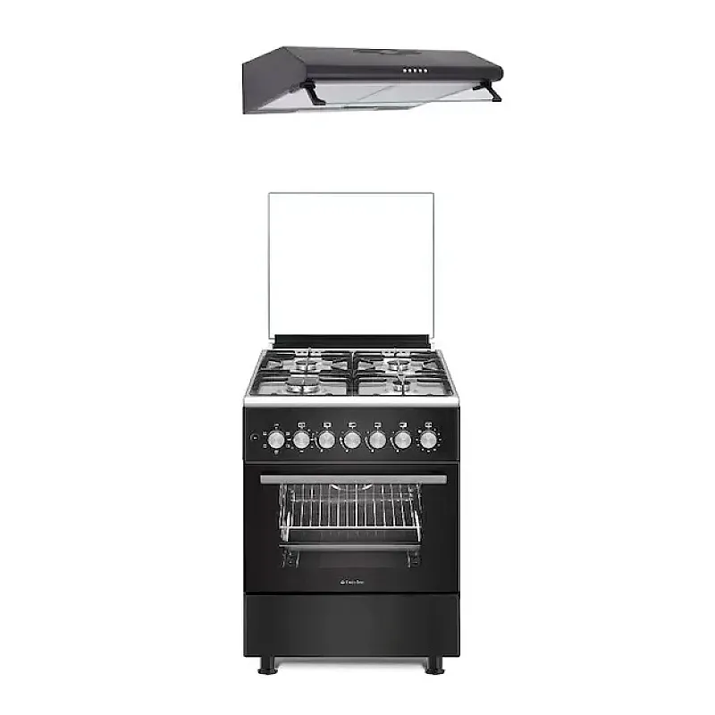 Pachet Aragaz mixt Studio Casa Bruno FE57/57 cm si Hota clasica, Cuptor electric, 4 arzatoare gaz, Rotisor, Ventilator, 5 functii, Clasa energetica A, Aprindere electrica plita, Gratare fonta, Negru - Studiocasa.ro