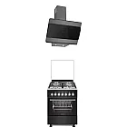 Pachet Aragaz mixt Studio Casa Bruno FE57/57 cm si Hota decorativa, Cuptor electric, 4 arzatoare gaz, Rotisor, Ventilator, 5 functii, Clasa energetica A, Aprindere electrica plita, Gratare fonta, Negru - Studiocasa.ro