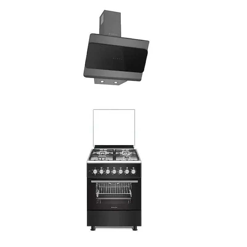 Pachet Aragaz mixt Studio Casa Bruno FE57/57 cm si Hota decorativa, Cuptor electric, 4 arzatoare gaz, Rotisor, Ventilator, 5 functii, Clasa energetica A, Aprindere electrica plita, Gratare fonta, Negru - Studiocasa.ro