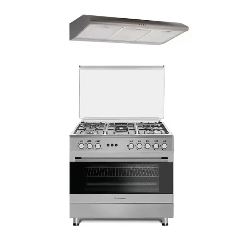 Pachet Aragaz pe gaz 90 cm Prato Inox Studio Casa, 5 zone de gatit si Hota Clasica 90 cm Inox, Gaz, Wok, Rotisor, Timer mecanic, Grill electric, Gratar fonta, Dubla ventilatie coacere, Inox - Studiocasa.ro