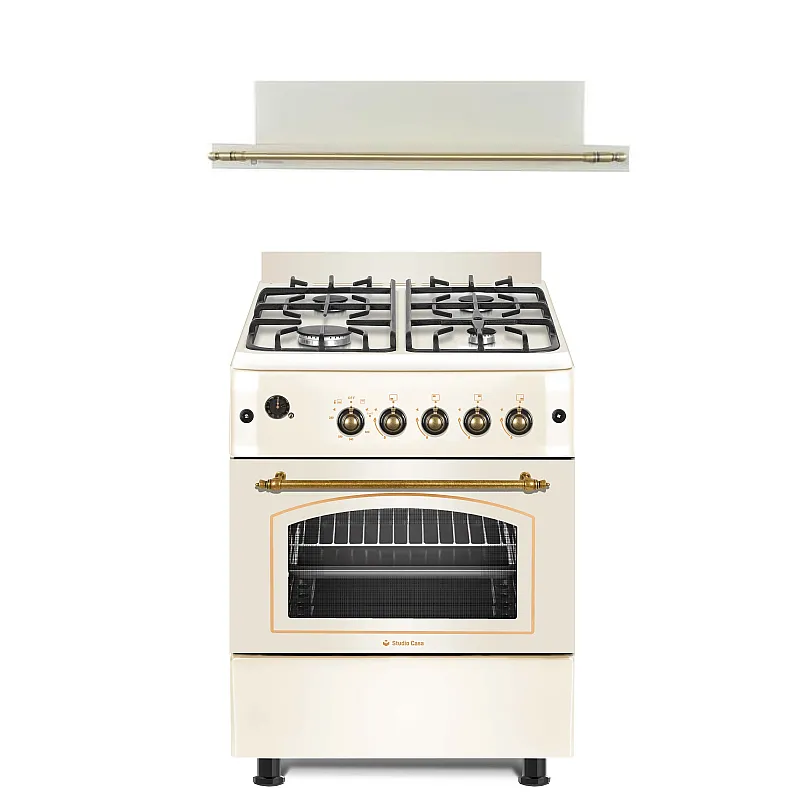 Pachet Aragaz rustic 4 arzatoare gaz, Cuptor pe gaz, 60x60cm, Studio Casa SIENNA, FE60/60G, Rotisor, Grill gaz, Ventilatie Turbo+Hota incorporabila telescopica Lean Retro - Studiocasa.ro