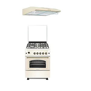 Pachet Aragaz rustic 4 arzatoare gaz, Cuptor pe gaz, 60x60cm, Studio Casa SIERRA VIVA , Rotisor, Grill gaz, Ventilatie Turbo + Hota Clasica Alfa Beige 2 Motoare , Studio Casa