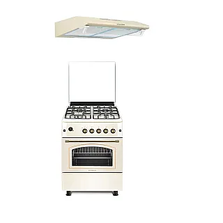 Pachet Aragaz rustic 4 arzatoare gaz, Cuptor pe gaz, 60x60cm, Studio Casa SIERRA VIVA , Rotisor, Grill gaz, Ventilatie Turbo + Hota Clasica Alfa Beige 2 Motoare , Studio Casa