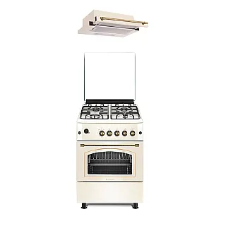 Pachet Aragaz rustic 4 arzatoare gaz, Cuptor pe gaz, 60x60cm, Studio Casa SIERRA VIVA , Rotisor, Grill gaz, Ventilatie Turbo + Hota incorporabila telescopica, 60 cm, Studio Casa Lean Retro
