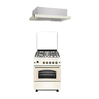 Pachet Aragaz rustic 4 arzatoare gaz, Cuptor pe gaz, 60x60cm, Studio Casa SIERRA VIVA , Rotisor, Grill gaz, Ventilatie Turbo + Hota incorporabila telescopica INES BEIGE 60CM 2 motoare, Nuova Cucina