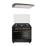 Pachet Aragaz rustic 5 arzatoare gaz, Negru, 90 cm, Ravena Antracit Studio Casa,  rotisor, cuptor electric cu ventilatie, Gratare fonta + Hota ST2196 inox - Studiocasa.ro
