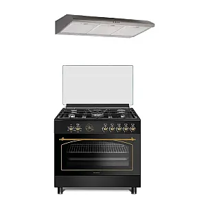 Pachet Aragaz rustic 5 arzatoare gaz, Negru, 90 cm, Ravena Antracit Studio Casa,  rotisor, cuptor electric cu ventilatie, Gratare fonta + Hota ST2196 inox Pachet Aragaz rustic 5 arzatoare gaz, Negru, 90 cm, Ravena Antracit Studio Casa,  rotisor, cuptor electric cu ventilatie, Gratare fonta + Hota ST2196 inox